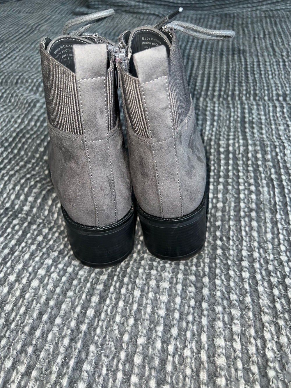 Women’s Gray Suede Lace-Up/Side Zip Block Heel Ankle Boots - Picture 5 of 8